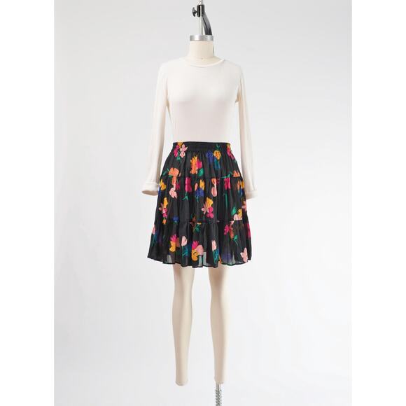 Vintage 90s Black Floral Tiered Peasant Boho Semi Sheer Full Mini Skirt XS S - Picture 2 of 7